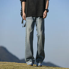 批发微喇洗水拖地牛仔裤纯色复古港风宽松直筒裤子<b class='q'>休闲裤</b>男女春装长裤