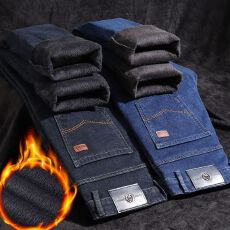 冬季加厚加绒牛仔裤男士弹力修身小直筒韩版潮流休闲百搭长裤