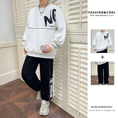 批发<b class='q'>春</b>秋季休闲宽松白色圆领卫衣套装男士痞帅高级感运动裤两件套潮流