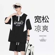批发2026年新款宽松短袖短裤套装棉质<b class='q'>夏</b>季印花简约百搭休闲polo杉套装