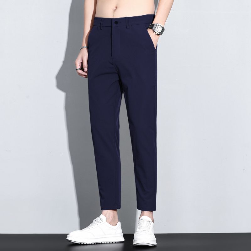 단색 여름 얼음 실크 높음 폭탄 남성 슬랙스 비즈니스 얇은 스타일 루즈핏 도루 센스 스트레이트 9부 바지 빛 럭셔리 저항 주름