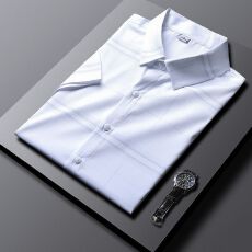 批发衬衫男短袖修身韩版免烫抗皱白条纹衬衣夏季商务休闲弹力冰丝衬衣