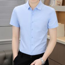 主推纯色男士短袖衬衫韩版修身潮流商务休闲衬衣上班日常衬衫