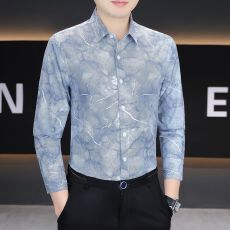 春秋微弹轻商务韩版长袖衬衫男印花休闲修身衬衣帅气潮流碎花