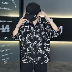 批发宽松款冰丝弹力夏季七分中袖印花衬衫男潮牌日系ins时尚休闲免烫