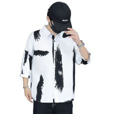 批发宽松款冰丝弹力夏季七分中袖印花衬衫男潮牌日系ins时尚休闲免烫