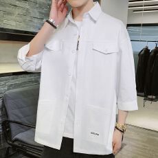 批发秋季休闲短袖衬衫男士韩版潮流七分袖衬衣痞帅气工装衣服日系外套