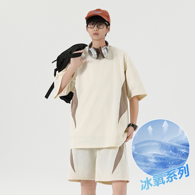 새로운 여름 패치워크 색상 캐주얼 스포츠 슈트 남자 청소년 조수 브랜드 악당 잘 생긴 반팔 반바지 세트