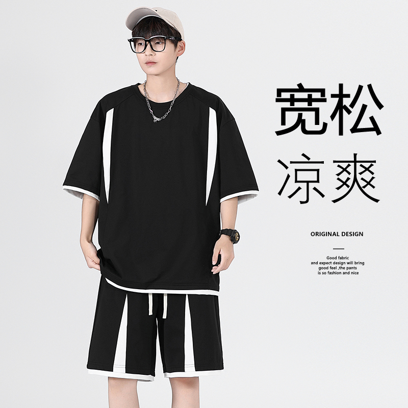 여름 티셔츠 세트 남자 새로운 얼음 실크 운동 캐주얼 투피스 세트 루즈핏 트렌드 운동복 패션 반바지 남자