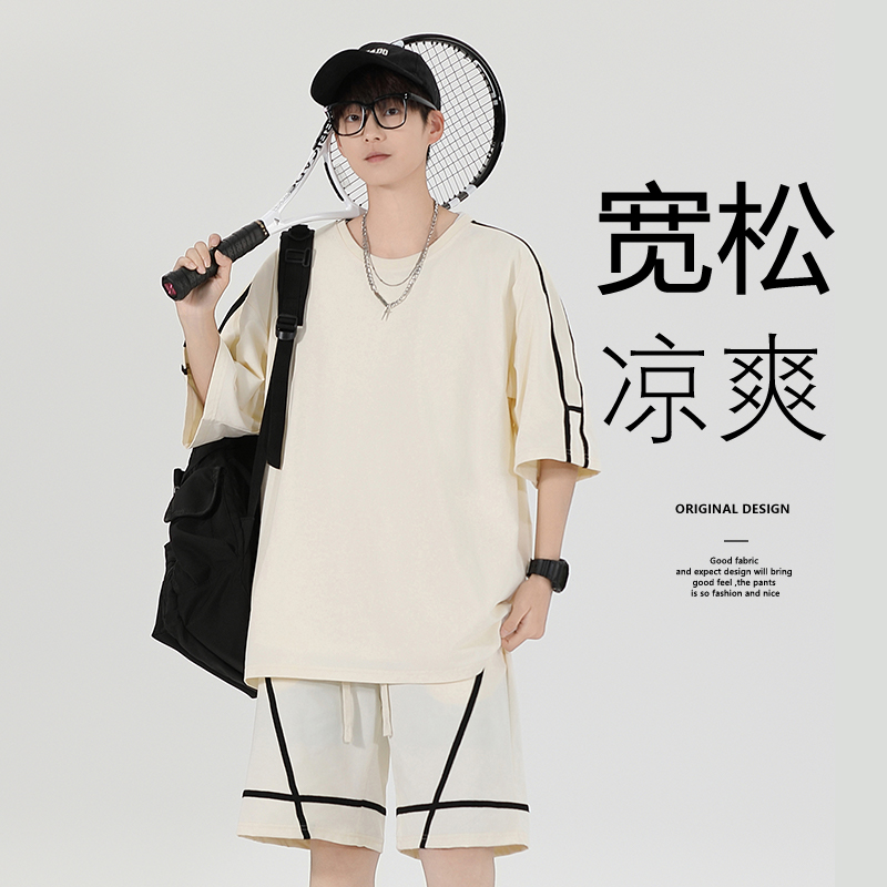 고급 센스 캐주얼 운동 얼음 실크 세트 남성 여름 조수 브랜드 악당 잘 생긴 반팔 반바지 여름 청소년 남성 의류