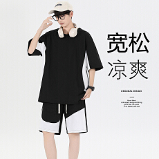 批发高端冰丝休闲运动套<b class='q'>装</b>男士夏季2026新款短袖<b class='q'>t</b><b class='q'>恤</b>短<b class='q'>裤</b>穿搭一套男款