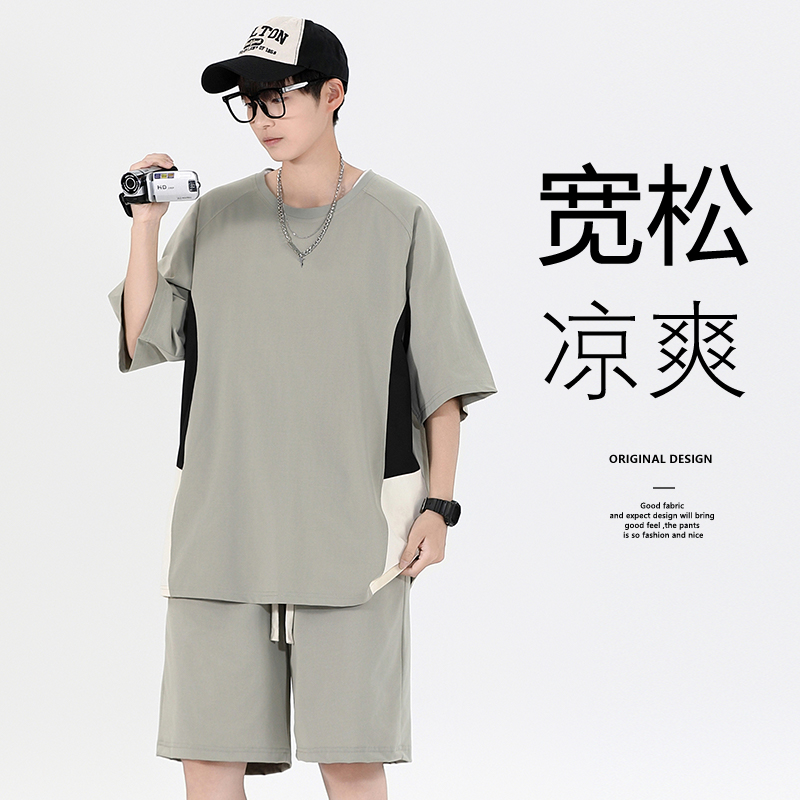 새로운 반팔 티셔츠 세트 남자 여름 얇은 스타일 중학교 농구 캐주얼 운동 반팔 반바지 남성 의류 세트