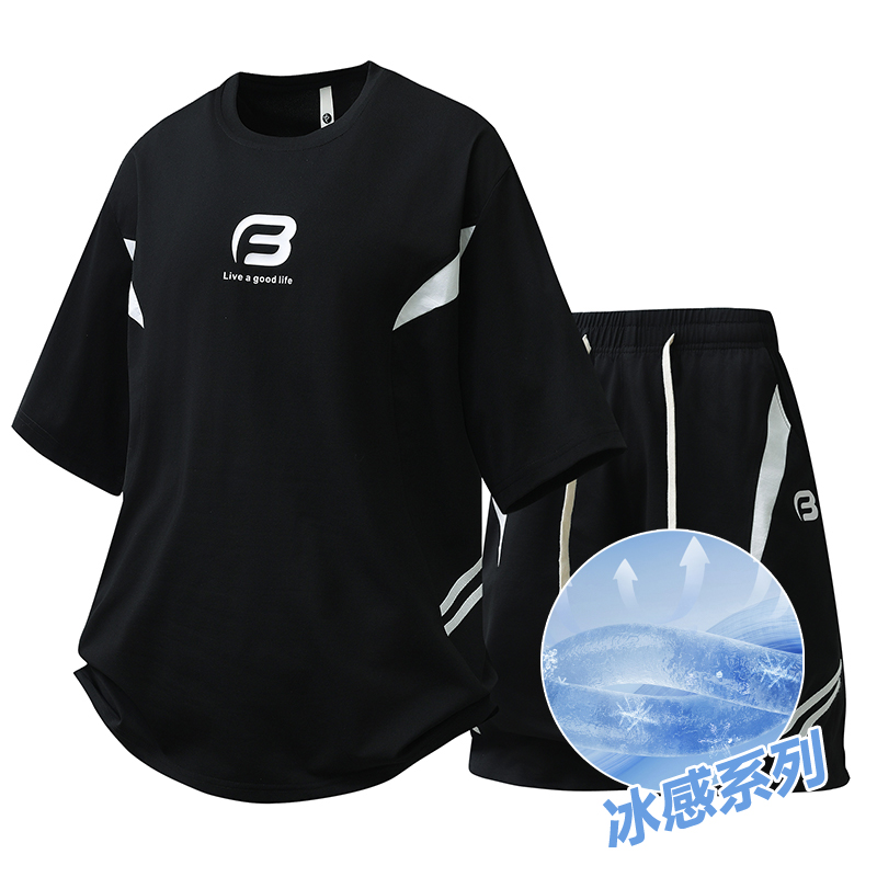 새로운 캐주얼 스포츠 슈트 남성 여름 조수 브랜드 청소년 얼음 실크 속도 건조한 티셔츠 반바지 투피스 세트