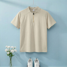 高品质棉马桑皱速干吸湿排汗立领拉链舒适透气潮版宽松短袖男T恤