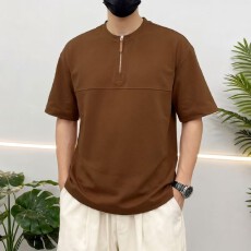 批发高品质棉40支双纱罗马丝光双面布潮牌宽松舒适透气<b class='q'>休闲</b>半拉链短袖