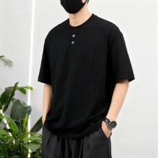 批发高品质纯色t纯棉40支双纱罗马丝光双面布潮牌宽松结构款带扣子T恤
