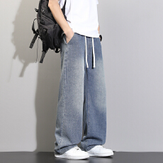 新款星空纹复古牛仔裤男士夏季薄款阔腿直筒裤子学生美式高街宽松