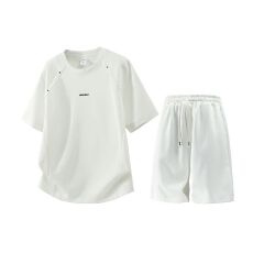 批发套装短裤短袖<b class='q'>夏</b>季薄款铆钉圆领t恤男潮流美式设计感宽松刺绣半袖T