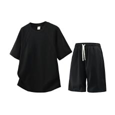 批发套装短裤短袖纯色百搭T恤男士<b class='q'>夏</b>季设计感拼接简约宽松休闲半袖衫