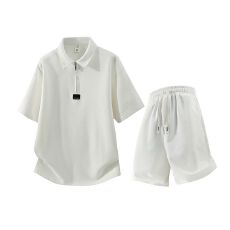 批发套装短裤短袖弹力半拉链拼色领Polo衫<b class='q'>夏</b>季潮翻领T恤百搭纯色上衣