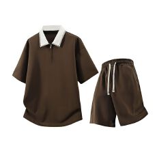 批发套装短裤短袖弹力半拉链拼色领Polo衫<b class='q'>夏</b>季潮翻领T恤百搭纯色上衣
