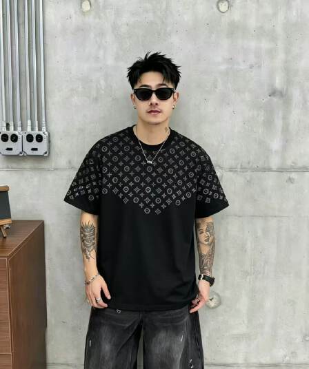 높은 품질 면 프로 피부 통기성 청소년 트렌디 에디션 그라데이션 포밍 공예 실광택 코튼 조수 브랜드 캐주얼 루즈핏 티셔츠