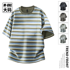 批发纯棉新款高品质条纹立体撞色提花重磅棉舒适透气宽松<b class='q'>休闲</b>大码短袖