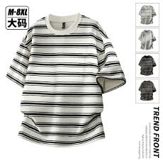 批发纯棉新款高品质条纹立体撞色提花重磅棉舒适透气宽松<b class='q'>休闲</b>大码短袖