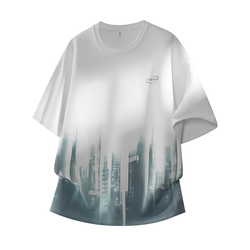 폭발 7a 항균 그라데이션 트렌드 프린트 디자인 센스 청소년 루즈핏 다용도 캐주얼 라운드 넥 티셔츠