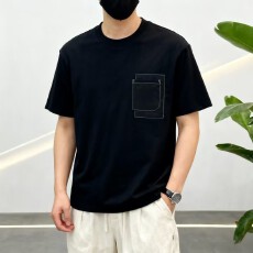 批发跨境高品质纯棉时尚男士短袖罗娜高弹凉感潮牌宽松结构款口袋T恤