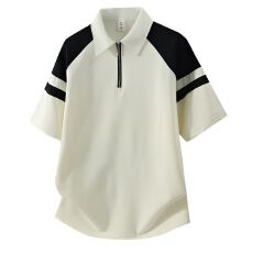 POLO衫复古翻领短袖男生夏季宽松休闲工艺半拉链款拼色t恤男上衣