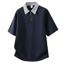 批发潮牌美式t恤半拉链设计感短袖polo衫男士宽松休闲纯色翻领男上衣