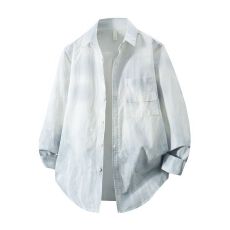 高品质纯棉洗水复古男士宽松款衬衫春夏季潮流渐变印花长袖衬衣