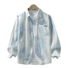 批发高品质纯棉洗水复古男宽松款<b class='q'>衬衫</b>春秋季潮流印花品质口袋长袖<b class='q'>衬衣</b>