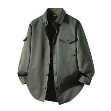 批发<b class='q'>新款</b>纯色长袖衬衫男士秋季宽松款休闲上衣按扣外套高级感口袋