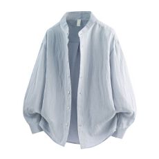 批发纯色天丝亚麻长袖衬衫老钱风立领宽松休闲简约秋冬<b class='q'>百搭</b>纯色衬衣