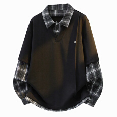 批发美式长袖拼接<b class='q'>衬衫</b>领休闲设计感假两件衣服男春秋季潮流宽松卫衣