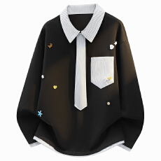 批发男款设计感假两件衣服男春秋季潮流宽松重磅上衣印花内搭撞色