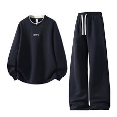 批发秋季新款纯色假两件休闲宽松圆领上衣长<b class='q'>裤</b>休闲运动两件套<b class='q'>装</b>