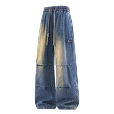 批发大码男装春秋复古牛仔裤阔腿直筒<b class='q'>裤子</b>美式高街宽松休闲牛仔裤