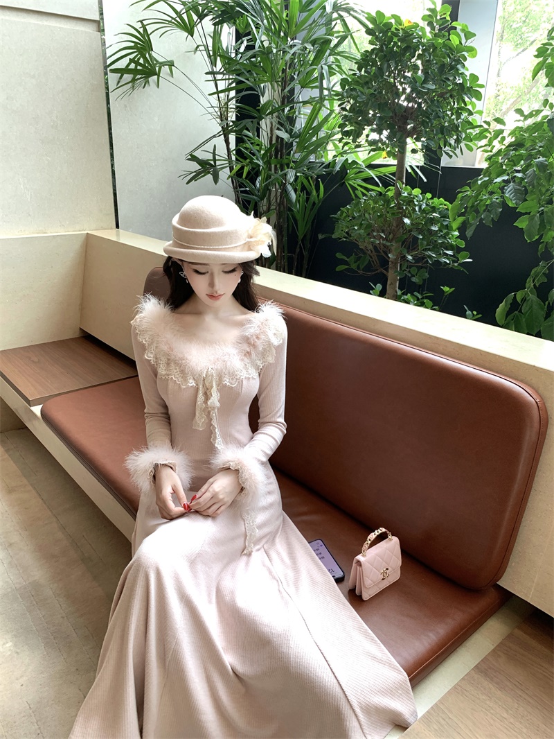 실사 정가 천 골드 품격 레이스 레이스 타조 털 니트 슬림해 보이는 드레스