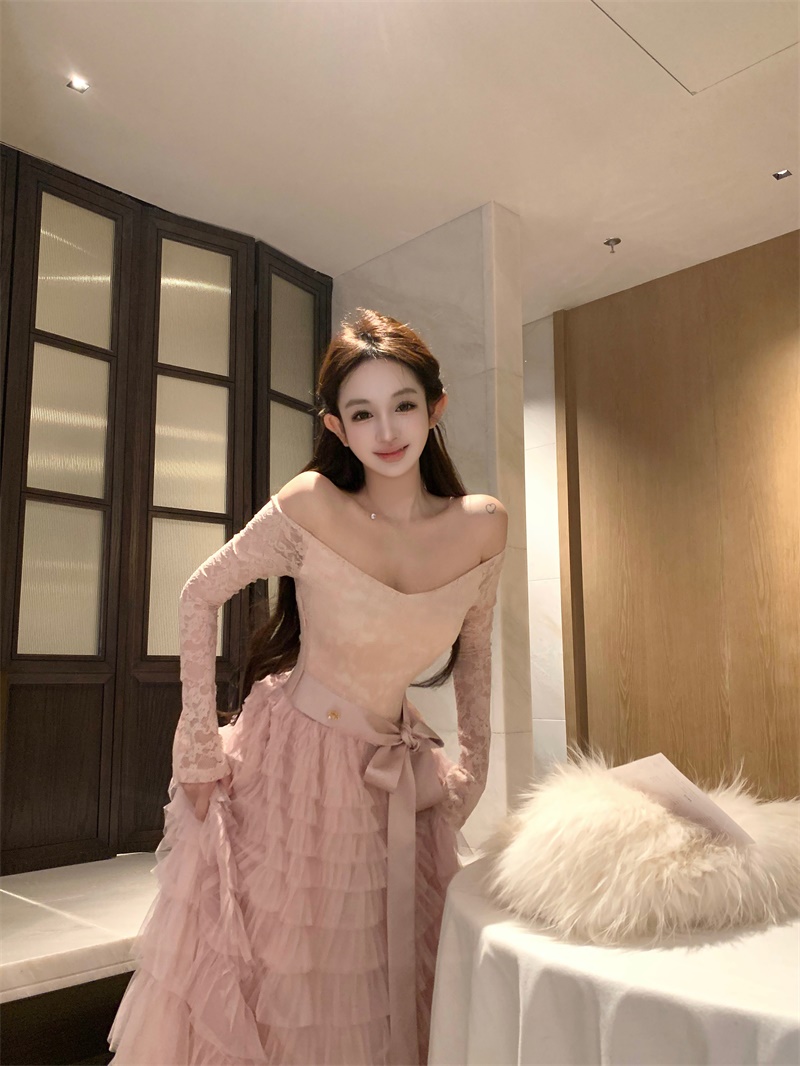 실사 정가 분말 여지 남자 춤 레트로 프랑스식 레이스 푹신한 케이크 치마 드레스