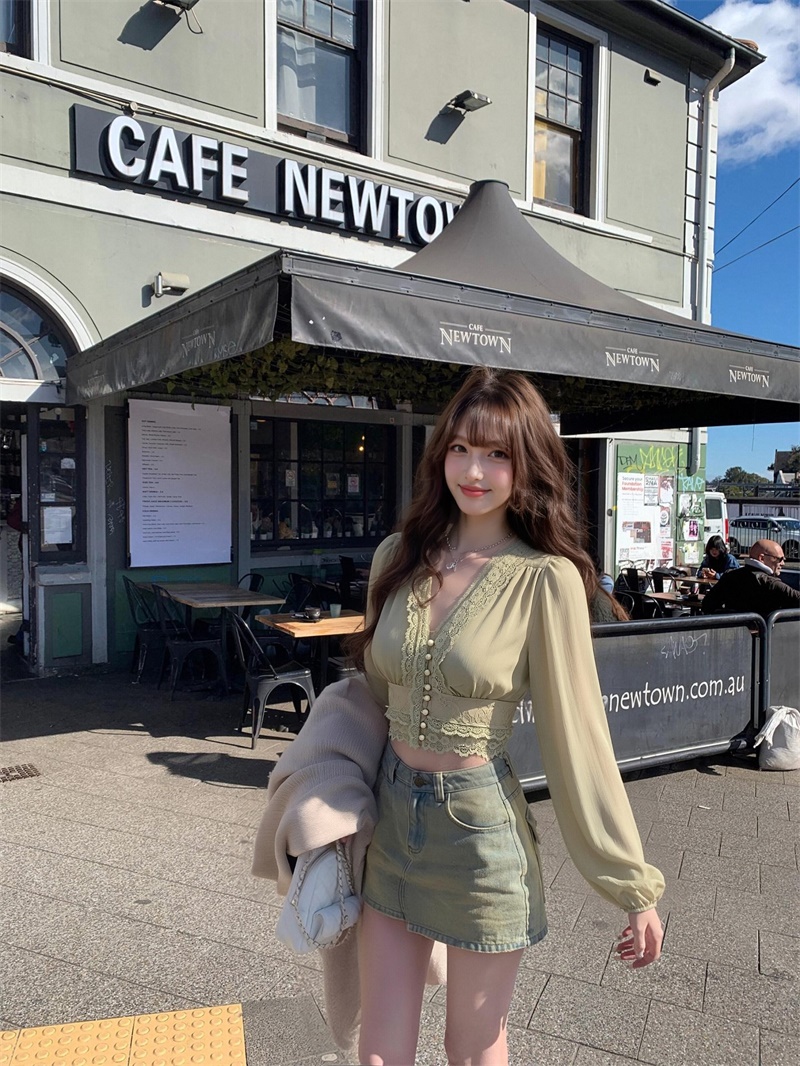 실사 정가 레이스 프랑스식 낭만주의 레이스 조각 꼬집기 허리 긴팔 셔츠 맨위