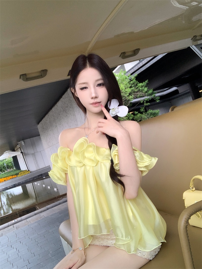 실사 정가 여름 편지 프릴 시폰 셔츠 여성 봄 미니멀리즘 루즈핏 슬림해 보이는 오프숄더 맨위