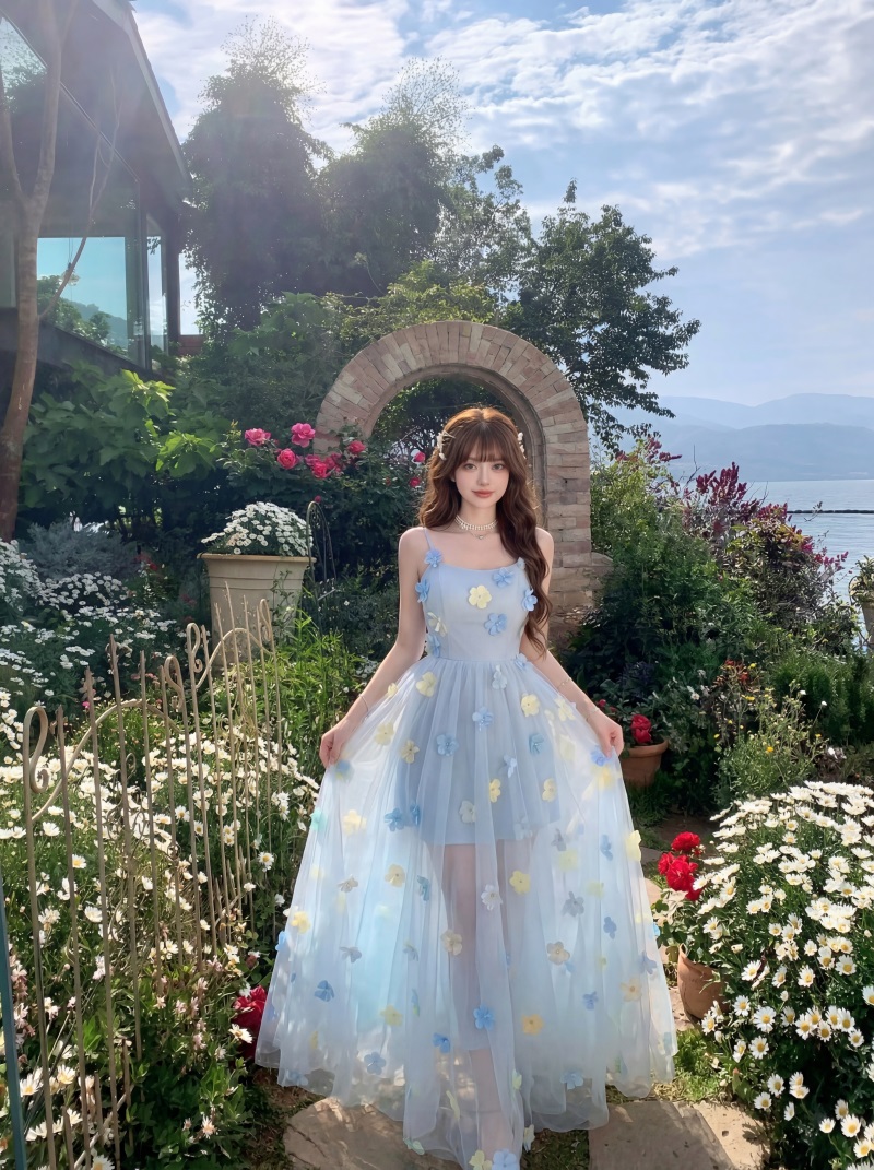 실사 정가 프랑스식 부드러운 낭만주의 3 차원 꽃 패션 품격 슬립 드레스