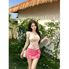 批发实拍实价蕾丝V领飞袖碎花短袖<b class='q'>夏季</b>甜美辣妹纯欲感套装