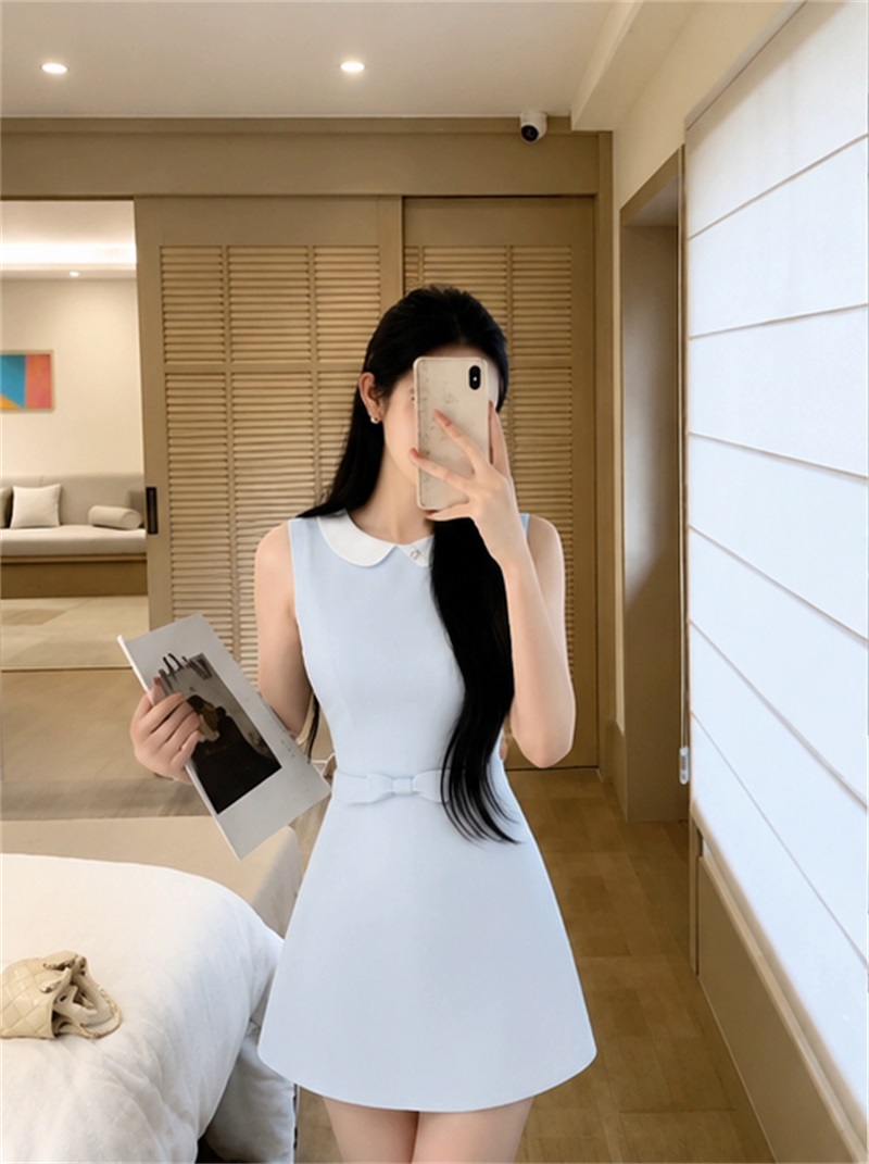 실사 정가 사선 무늬 웨스트 로드 중 베이비 칼라 드레스 한 마디 민소매 조끼 스커트