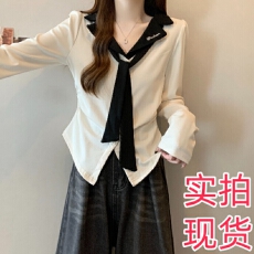 批发学院风翻领撞色领带上衣女秋季大码胖妹妹洋气时尚显瘦百搭打底衫