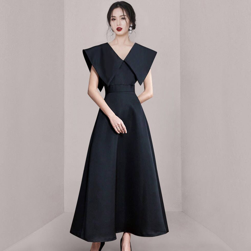 MY9582# 新款X型通勤韩版时尚大翻领法式简约大气长款大摆纯色连衣裙女裝貨源服裝批發