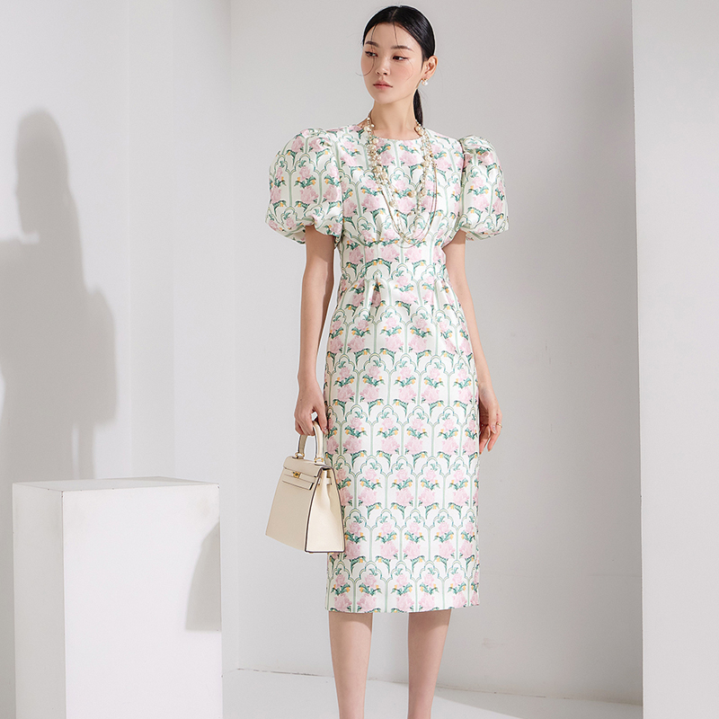 MY9581# 夏新款韩版时尚气质优雅显瘦轻奢大气印花灯笼袖连衣裙中裙女裝貨源服裝批發
